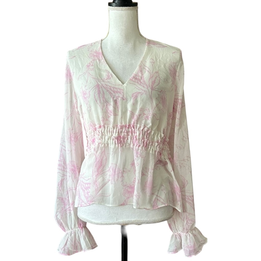 NWT Express Deep V Peplum Long‎ Sleeve Blouse SZ Medium in White Pink Floral